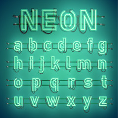 Realistic neon font with wires and console, vector illustration