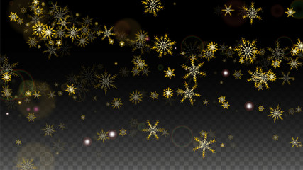 Christmas  Vector Background with Gold Falling Snowflakes Isolated on Transparent Background. Realistic Snow Sparkle Pattern. Snowfall Overlay Print. Winter Sky. Design for Party Invitation.