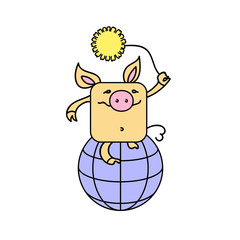 Vector illustration of funny pig, symbol of 2019 on the Chinese calendar. Yellow Earthy Pig with yellow chrysanthemum