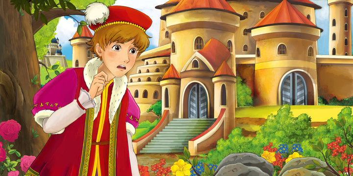 Cartoon nature scene with beautiful castles near the forest with handsome young prince - illustration for the children