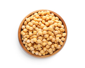 Bowl with chickpeas on white background