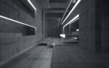 Empty dark abstract concrete room interior. Architectural background. Night view of the illuminated. 3D illustration and rendering