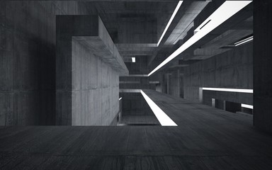 Empty dark abstract concrete room interior. Architectural background. Night view of the illuminated. 3D illustration and rendering