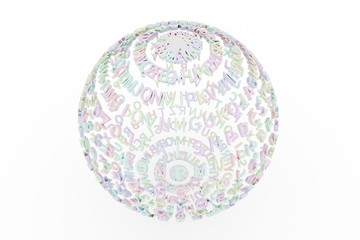 Colorful 3D rendering. Illustrations of CGI typography, made up from alphabetic character, sphere or planet for graphic design or wallpapers.
