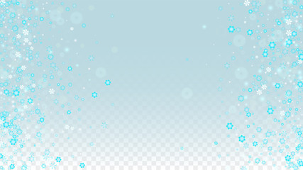 Christmas  Vector Background with Blue Falling Snowflakes Isolated on Transparent Background. Realistic Snow Sparkle Pattern. Snowfall Overlay Print. Winter Sky. Design for Party Invitation.