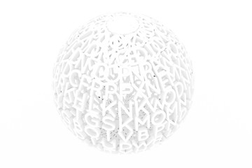 Background abstract CGI typography, made up from alphabetic character sphere or planet for design, graphic resource. Gray or black and white b&w 3D rendering.