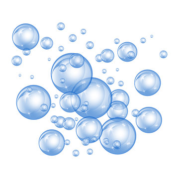 Bubbles underwater texture isolated on white background. Fizzy sparkles in water, sea, ocean. Undersea illustration.