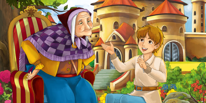 Cartoon nature scene with beautiful castles near the forest with handsome young boy listening to older grandmother - illustration for the children