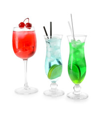 Tasty cocktails on white background