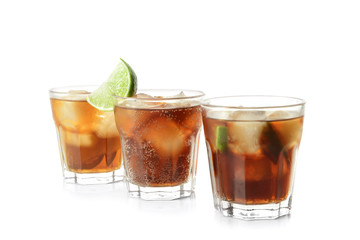 Tasty cocktails on white background