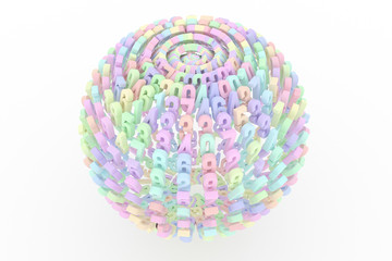 CGI typography, made up from number character, sphere or planet for design texture, background. Colorful 3D rendering.