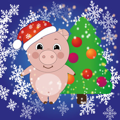 Merry pig with a Christmas tree in a New Year's hat. Vector illustration.