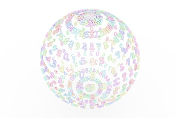 Colorful 3D rendering. Background abstract CGI typography, made up from number character sphere or planet for design, graphic resource.