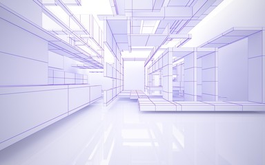 Abstract white interior highlights future. Polygon violet drawing. Architectural background. 3D illustration and rendering