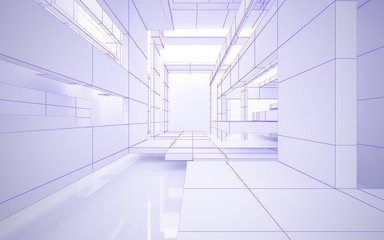 Abstract white interior highlights future. Polygon violet drawing. Architectural background. 3D illustration and rendering