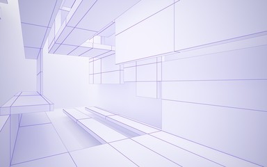 Abstract white interior highlights future. Polygon violet drawing. Architectural background. 3D illustration and rendering