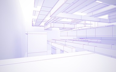 Abstract white interior highlights future. Polygon violet drawing. Architectural background. 3D illustration and rendering