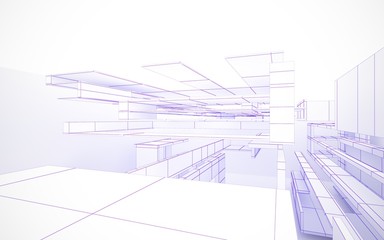 Abstract white interior highlights future. Polygon violet drawing. Architectural background. 3D illustration and rendering