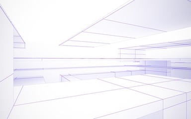 Abstract white interior highlights future. Polygon violet drawing. Architectural background. 3D illustration and rendering