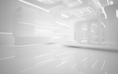 Abstract smooth white interior of the future. Night view from the backlight. Architectural background. 3D illustration and rendering 