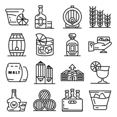 Whisky icon set. Outline set of whisky vector icons for web design isolated on white background