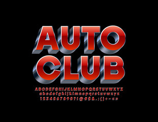 Vector reflective stylish Sign Auto Club. Red and Silver bright 3D Font. Exclusive Alphabet Letters, Numbers and Symbols.