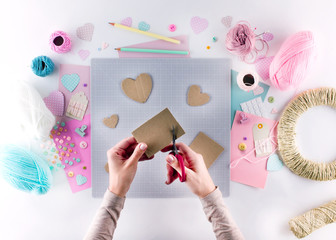 Making diy project. Knitting decoration. Craft tools and supplies. Season home valentines day decor.