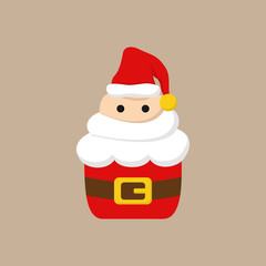 Christmas, santa cupcake vector illustration icon. Cute cupcake decorated with whipped cream frosting in shape of santa claus head with beard, eyes and hat. Isolated on beige background.