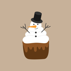 Christmas, winter snowman cupcake vector illustration icon. Cute cupcake with melted chocolate decorated with whipped cream, snow frosting. Isolated on beige background.