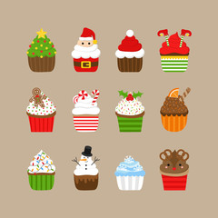 Christmas cupcakes vector illustration icon collection. Holiday, festive decorated cupcakes with frosting. Xmas themed characters, candy and decorations. Isolated on beige background.