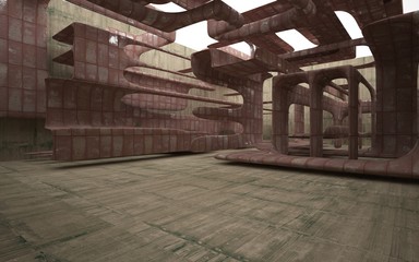 Obraz premium Empty smooth abstract room interior of sheets rusted metal and beige concrete. Architectural background. 3D illustration and rendering
