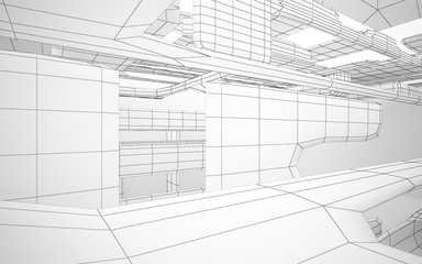 Abstract white interior highlights future. Polygon drawing. Architectural background. 3D illustration and rendering