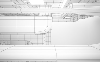 Abstract white interior highlights future. Polygon drawing. Architectural background. 3D illustration and rendering