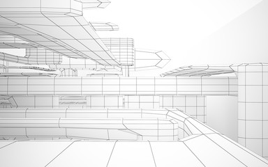 Abstract white interior highlights future. Polygon drawing. Architectural background. 3D illustration and rendering