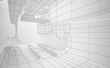 Abstract white interior highlights future. Polygon drawing. Architectural background. 3D illustration and rendering