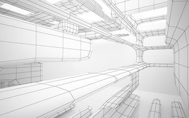 Abstract white interior highlights future. Polygon drawing. Architectural background. 3D illustration and rendering