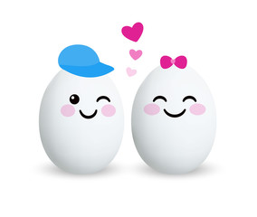 Two funny eggs characters in love, smiling and happy. Easter, romantic Valentine's day awesome greeting card. 
