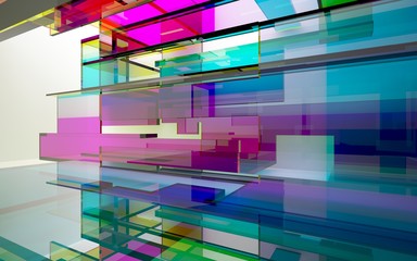 abstract architectural interior with gradient geometric glass sculpture with black lines. 3D illustration and rendering