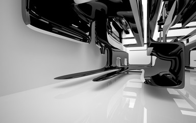 Naklejka premium Abstract interior with glossy black sculpture. 3D illustration and 3D rendering