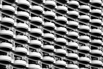 Fototapeta premium Hotel balcony close up, urban residential building front view close up