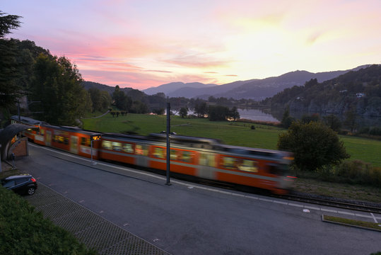 Train at the station of Muzzano near Lugano on Switzerland
