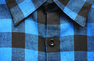 Plaid Shirt Textured Blue & Black Checkered Tartan Pattern. Close Up View of Collar and Front Buttoned Shirt. Stylish Fashion Shirt Detail, Seamless Squares Fabric Design Texture, Top View Image