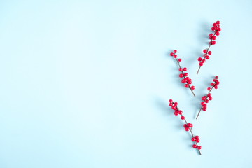 Christmas modern composition. Pattern made of red berries on pastel blue background. Christmas, New Year, winter concept. Flat lay, top view, copy space