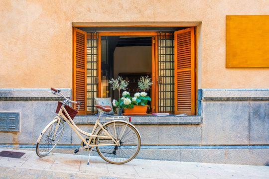 Window with brown wooden shutters, books and vases. Bicycle under the window
