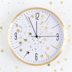 New Year composition. New year clock on white background. Christmas, winter concept. Flat lay, top view, copy space