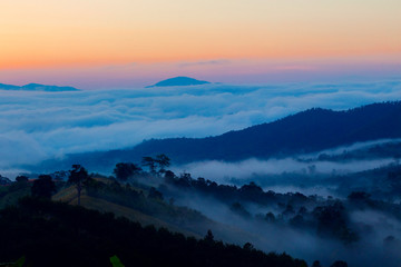 Sunrise in Northern Thailand with a misty landscape