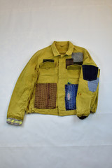 Khaki vintage jacket with patchwork decor sashiko
