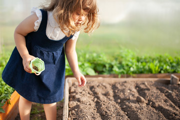Adorable little girl planting seeds in the ground at the greenhouse