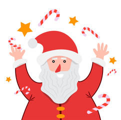 Santa Claus juggling candy. Merry Christmas and Happy New Year
