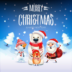 Fototapeta na wymiar 2019 Merry Christmas & New Year poster. Santa Claus Snowman, bear and symbol of 2019 year Pig sing a Christmas song around Christmas tree in a snowy meadow. Invitation card and holiday template.Vector